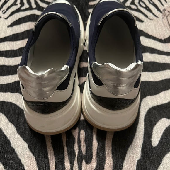 Navy blue platform canvas and leather sneakers - Picture 3 of 5